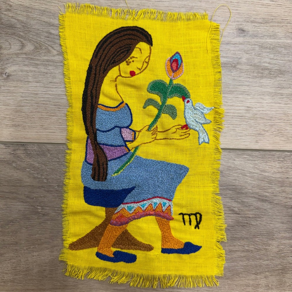 Vintage Hand Embroidered Virgo Zodiac Textile Art Yellow Folk Art 12x7.5